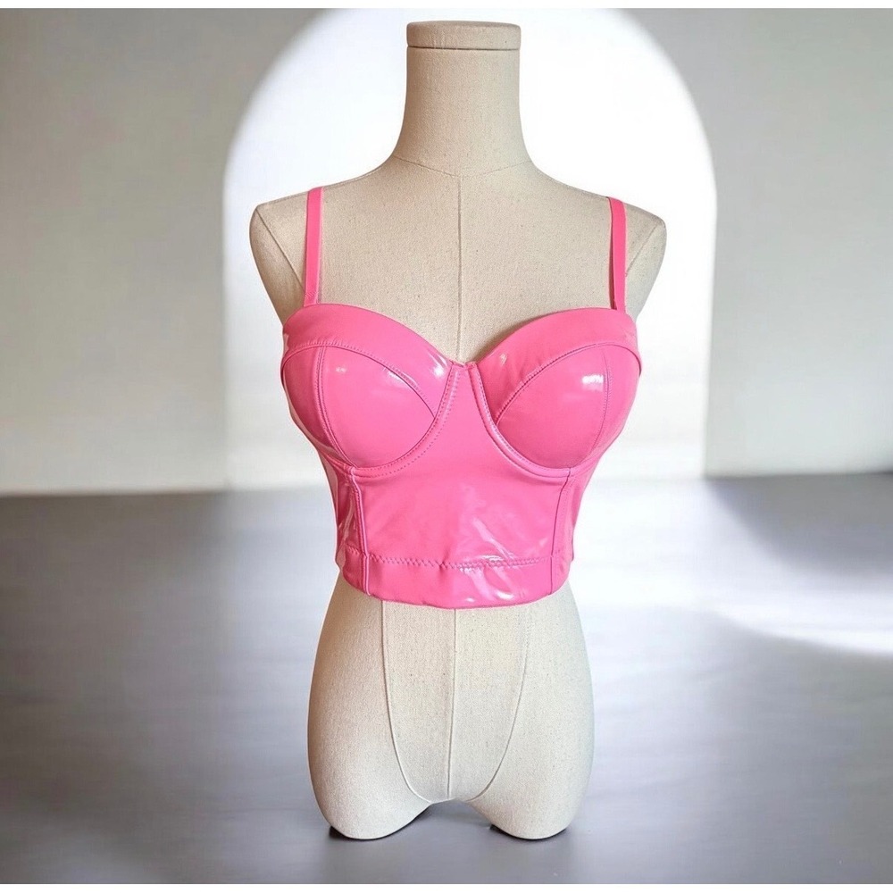 Pink Faux Leather Patent Bustier Corset Crop Top Size Small 36B Hook Eye Back